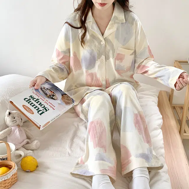 欧诗帛 可爱休闲简约长袖长裤可外穿睡衣套装 女款 杏色