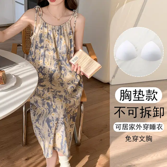 欧诗帛 无袖韩版吊带高颜值学生可出门过膝带胸垫家居服睡裙 女款 图片色
