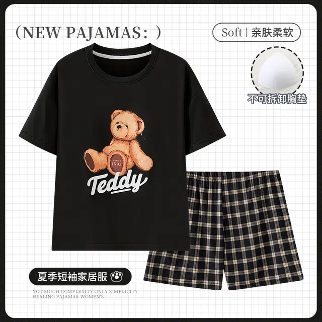 欧诗帛 韩版短袖甜美卡通带胸垫可外穿学生家居服睡衣套装 女款 图片色