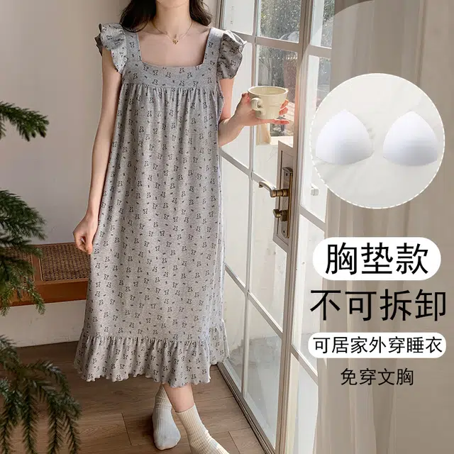 欧诗帛 带胸垫韩版甜美卡通薄款飞飞袖舒适睡裙 女款 图片色