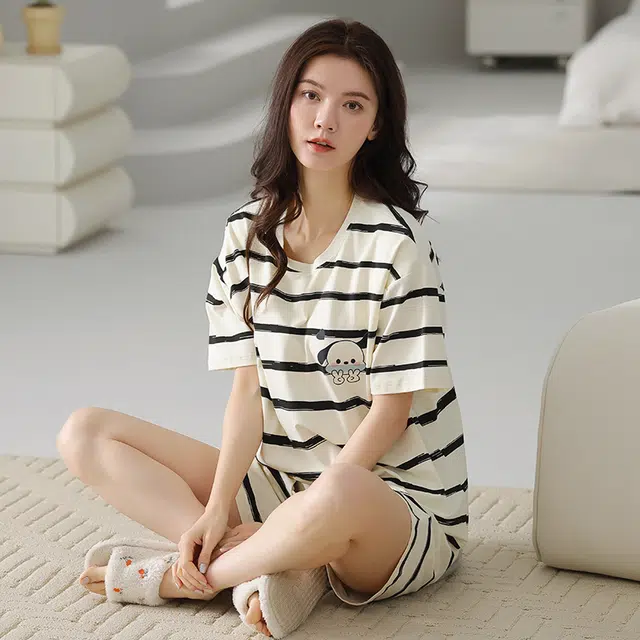 欧诗帛 韩版休闲短袖高级感薄款可外穿家居服睡衣套装 女款 图片色