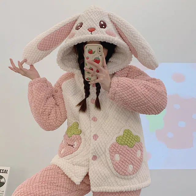 欧诗帛 少女种草款系列 加厚卡通舒适亲肤连帽兔子睡衣套装 女款 图片色