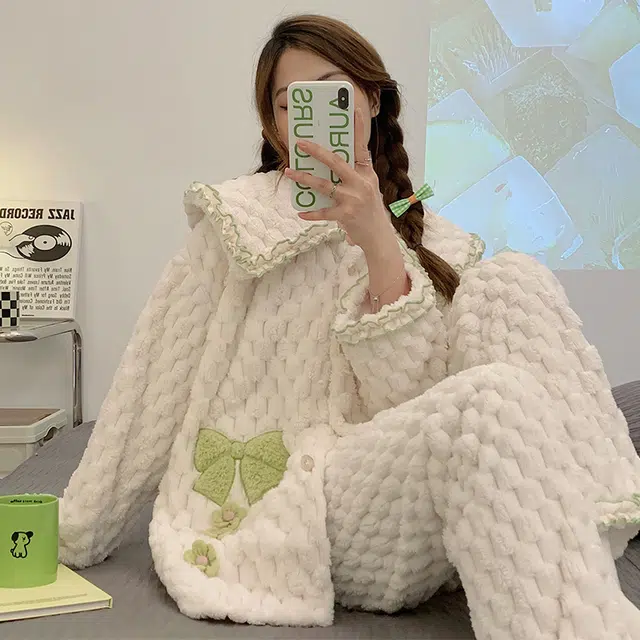 欧诗帛 加绒加厚大码长袖上衣家居服长裤睡衣套装 女款 图片色