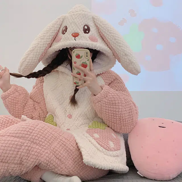 欧诗帛 少女种草款系列 加厚卡通舒适亲肤连帽兔子睡衣套装 女款 图片色