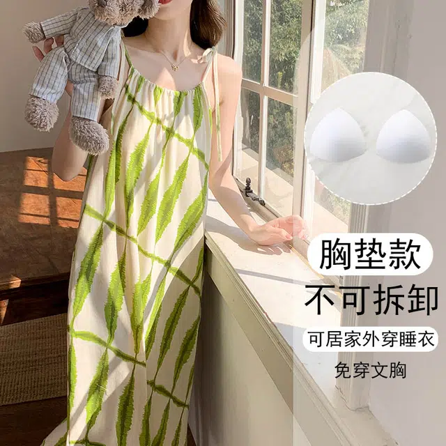 欧诗帛 韩版吊带高颜值学生过膝可出门带胸垫家居服无袖睡裙 女款 图片色