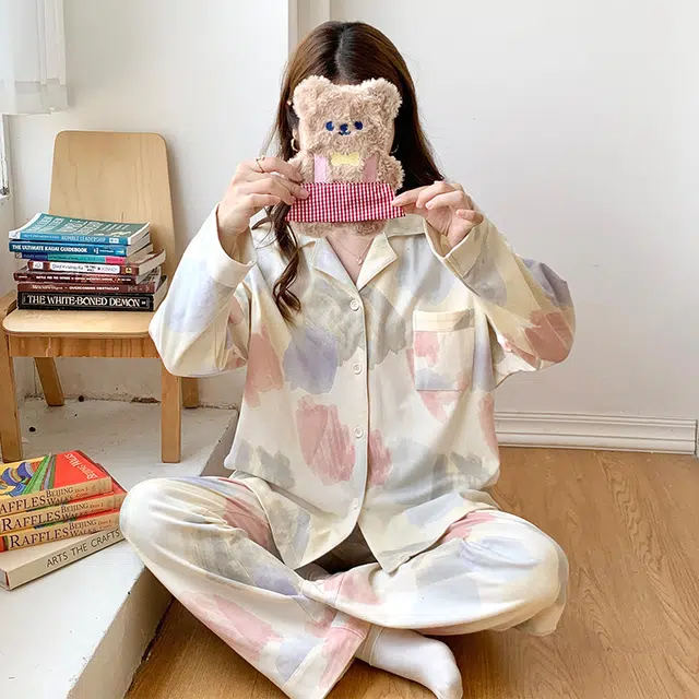 欧诗帛 可爱休闲简约长袖长裤可外穿睡衣套装 女款 杏色