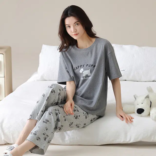 欧诗帛 纯棉短袖薄款可外穿带胸垫大码家居服睡衣套装 女款 图片色