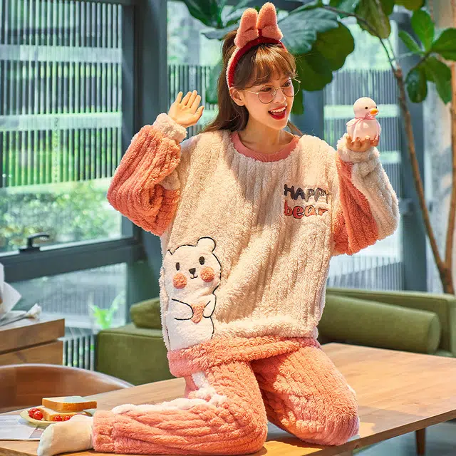欧诗帛 卡通圆领加绒加厚长袖上衣家居服长裤睡衣套装 女款 图片色