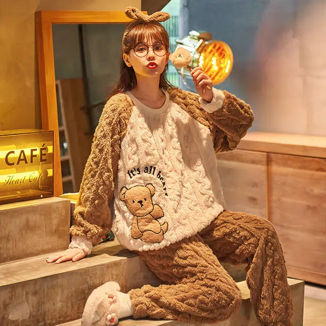 欧诗帛 珊瑚绒卡通法兰绒加绒加厚长袖长裤睡衣套装 女款 图片色