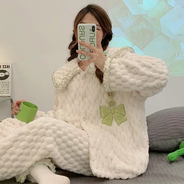 欧诗帛 加绒加厚大码长袖上衣家居服长裤睡衣套装 女款 图片色