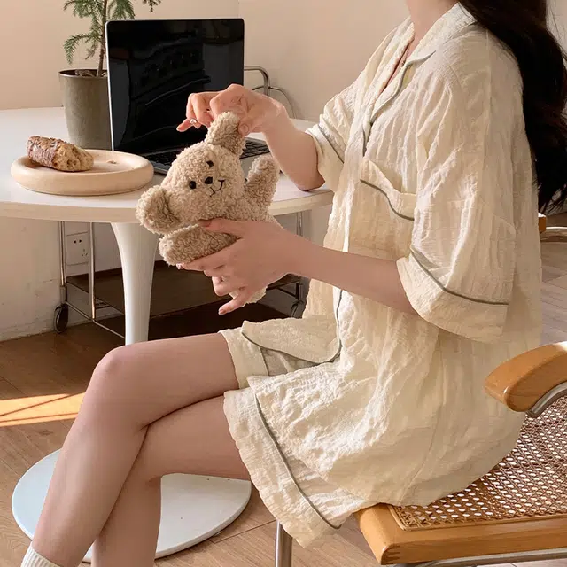 欧诗帛 韩版卡通甜美短袖可外穿学生家居服睡衣套装 女款 图片色