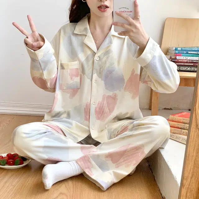 欧诗帛 可爱休闲简约长袖长裤可外穿睡衣套装 女款 杏色