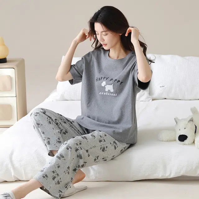 欧诗帛 纯棉短袖薄款可外穿带胸垫大码家居服睡衣套装 女款 图片色