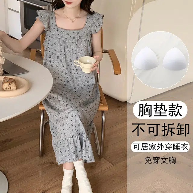 欧诗帛 带胸垫韩版甜美卡通薄款飞飞袖舒适睡裙 女款 图片色