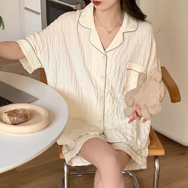 欧诗帛 韩版卡通甜美短袖可外穿学生家居服睡衣套装 女款 图片色