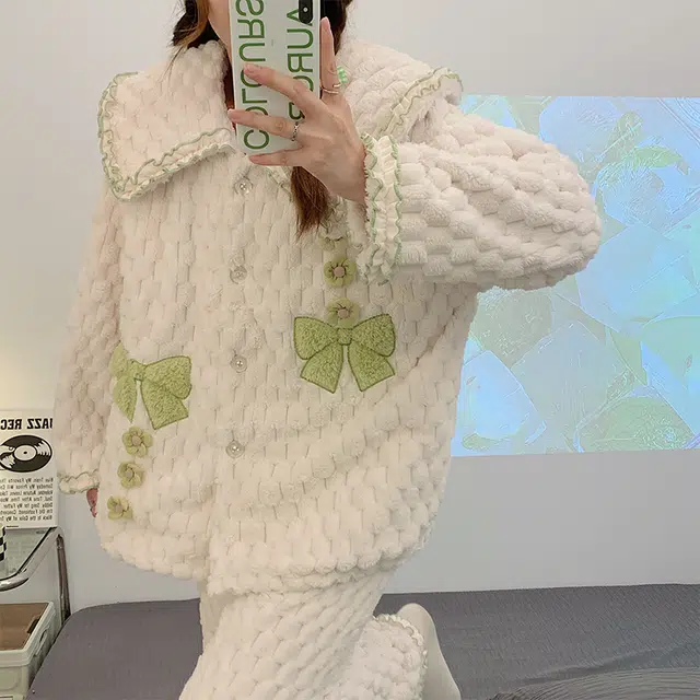 欧诗帛 加绒加厚大码长袖上衣家居服长裤睡衣套装 女款 图片色