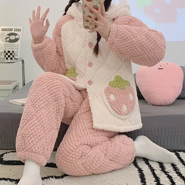 欧诗帛 少女种草款系列 加厚卡通舒适亲肤连帽兔子睡衣套装 女款 图片色