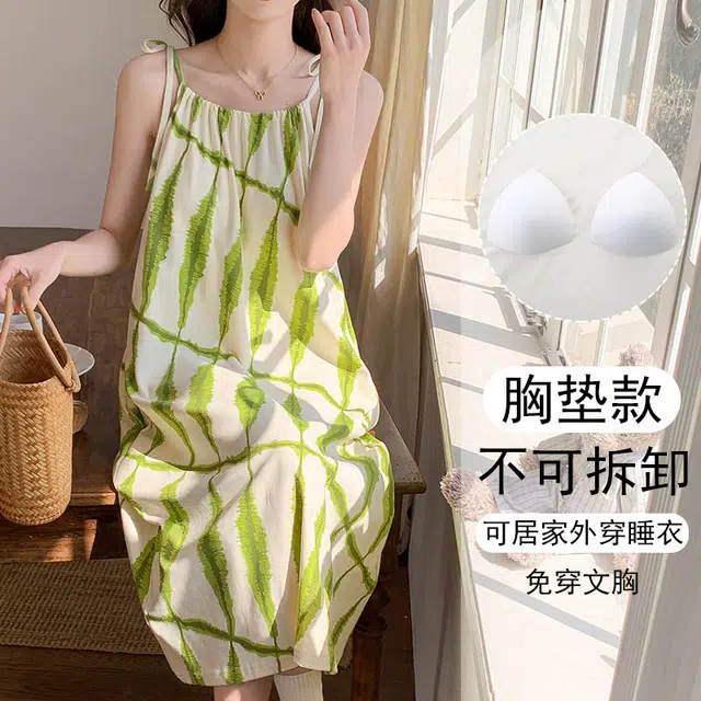 欧诗帛 韩版吊带高颜值学生过膝可出门带胸垫家居服无袖睡裙 女款 图片色