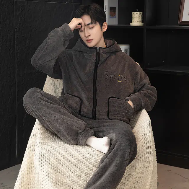 欧诗帛 柔软舒适蓄热锁温可外穿长袖长裤睡衣套装 男款 图色