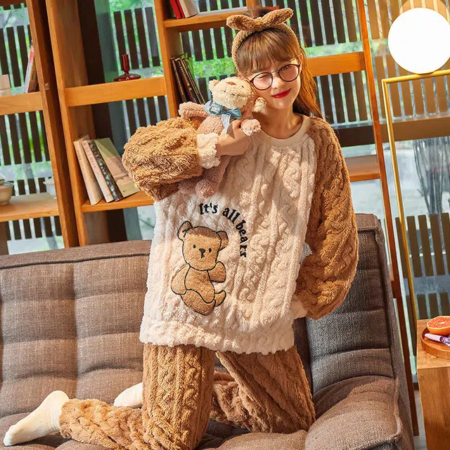 欧诗帛 珊瑚绒卡通法兰绒加绒加厚长袖长裤睡衣套装 女款 图片色