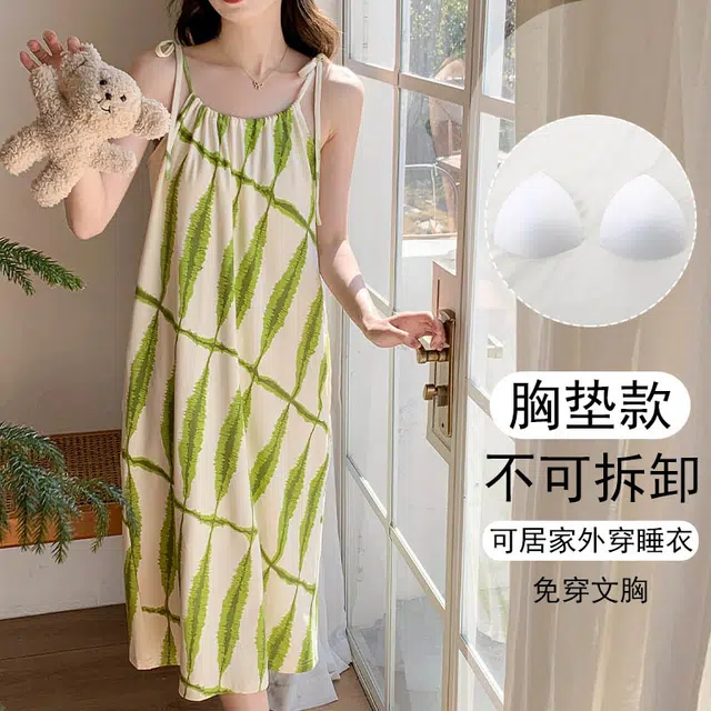 欧诗帛 韩版吊带高颜值学生过膝可出门带胸垫家居服无袖睡裙 女款 图片色