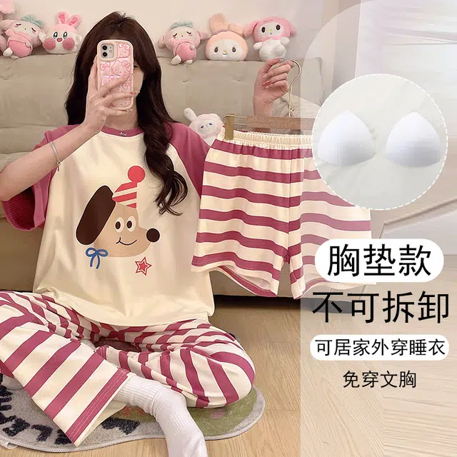 欧诗帛 韩版甜美卡通短袖家居服带胸垫睡衣套装 女款 图片色
