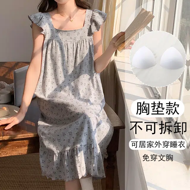 欧诗帛 带胸垫韩版甜美卡通薄款飞飞袖舒适睡裙 女款 图片色