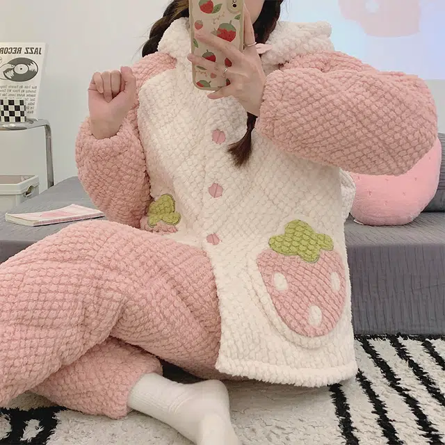 欧诗帛 少女种草款系列 加厚卡通舒适亲肤连帽兔子睡衣套装 女款 图片色