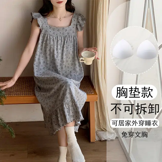 欧诗帛 带胸垫韩版甜美卡通薄款飞飞袖舒适睡裙 女款 图片色