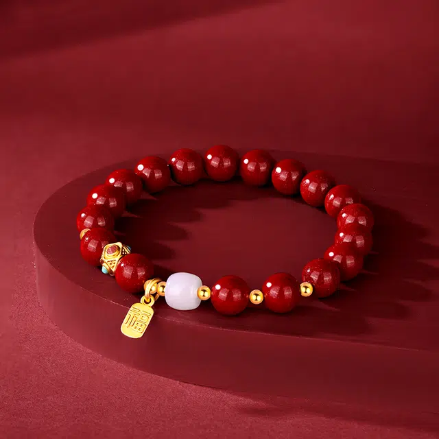 金六福吉祥 幸福如意落玉盘 新中式国潮风福牌中国红转运珠本命年好运 再造辰砂朱砂 手串 男女同款情侣款