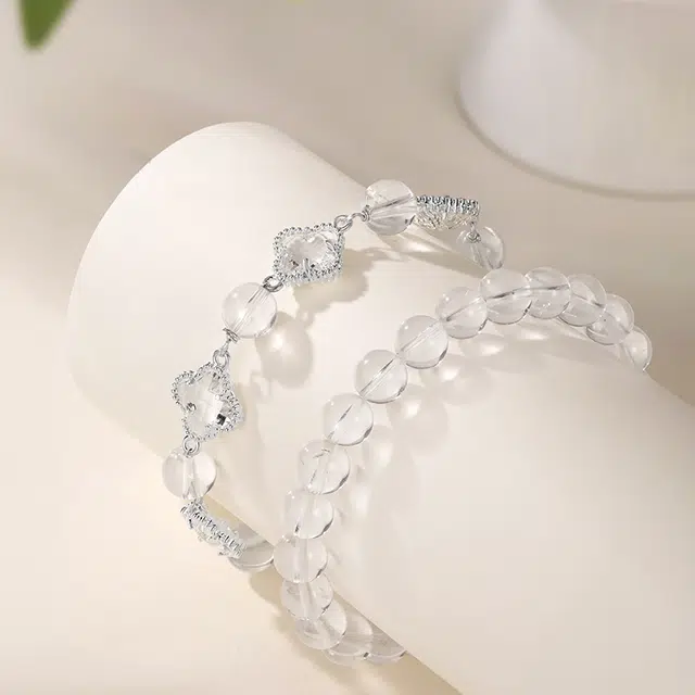 【高品质】 金六福吉祥 中式雪串清凉四叶草 幸运草显白高级感转运珠 元气满满平安转运珠告白必备#好运天然 白水晶 手串 女款