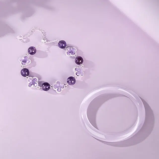 【一步一响】 金六福吉祥 新中式紫色幸运紫水晶叠戴套装优雅桃花朵朵精致显白高级感 大气日常通勤百搭转运珠招桃花#好运天然 琉璃 手镯 女款