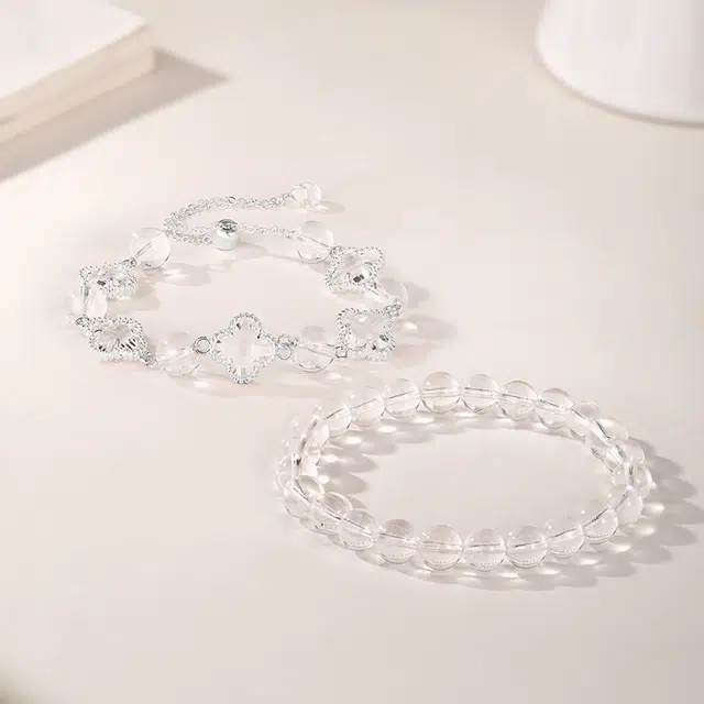 【高品质】 金六福吉祥 中式雪串清凉四叶草 幸运草显白高级感转运珠 元气满满平安转运珠告白必备#好运天然 白水晶 手串 女款