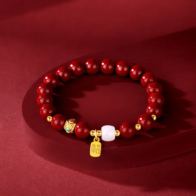 金六福吉祥 幸福如意落玉盘 新中式国潮风福牌中国红转运珠本命年好运 再造辰砂朱砂 手串 男女同款情侣款