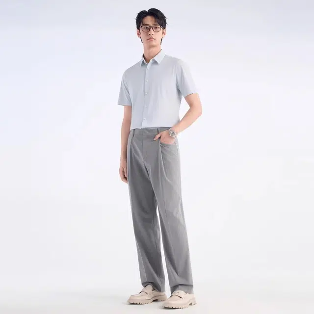九牧王男裤专家 修身版商务 舒适正装短袖衬衫 男款 灰绿
