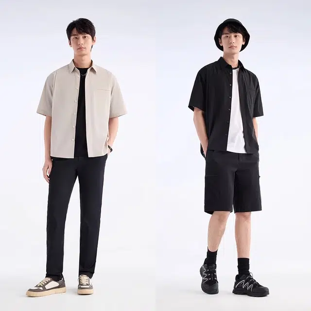 九牧王男裤专家 新时尚系列 休闲纯色简约百搭舒适短袖衬衫 男款 卡其