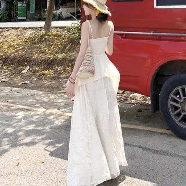涂诗菲 法式氛围感吊带上衣蕾丝拼接半身裙裙装套装 女款 杏色
