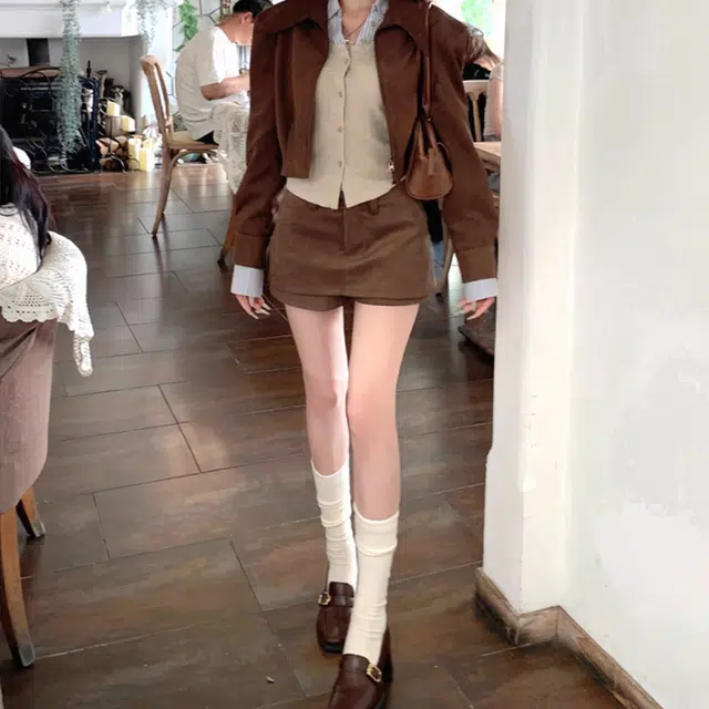 涂诗菲 美式复古高街纯色设计感小众长袖上衣宽松休闲气质时尚高级感短裙裙装套装 女款