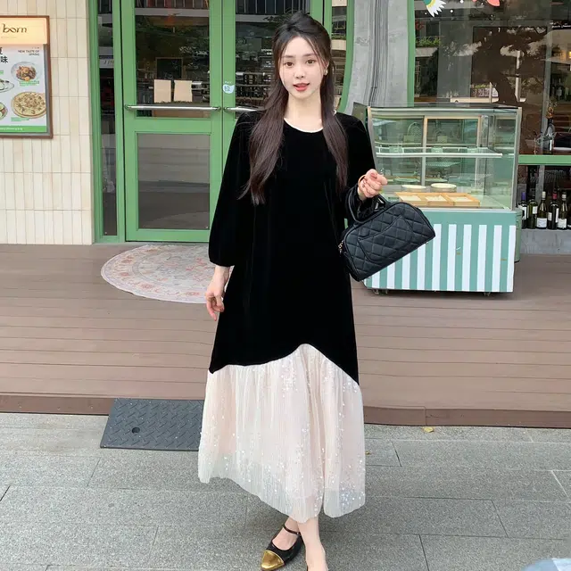 涂诗菲 设计感拼接亮片法式气质收腰长裙长袖连衣裙 女款 黑色