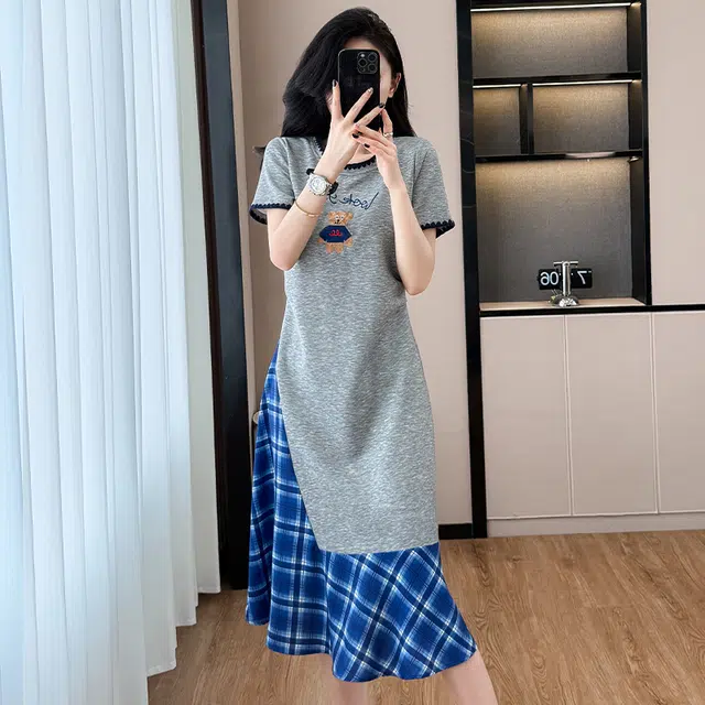 费尔岛上的猫 韩版法式融合时尚拼接中长款大码服饰短袖连衣裙 女款