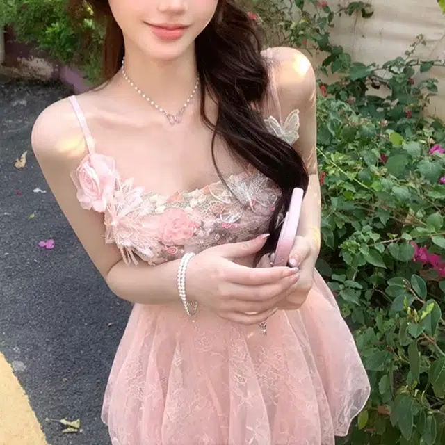 涂诗菲 纯欲风立体花朵收腰显瘦甜美温柔海边度假鱼尾吊带连衣裙 女款