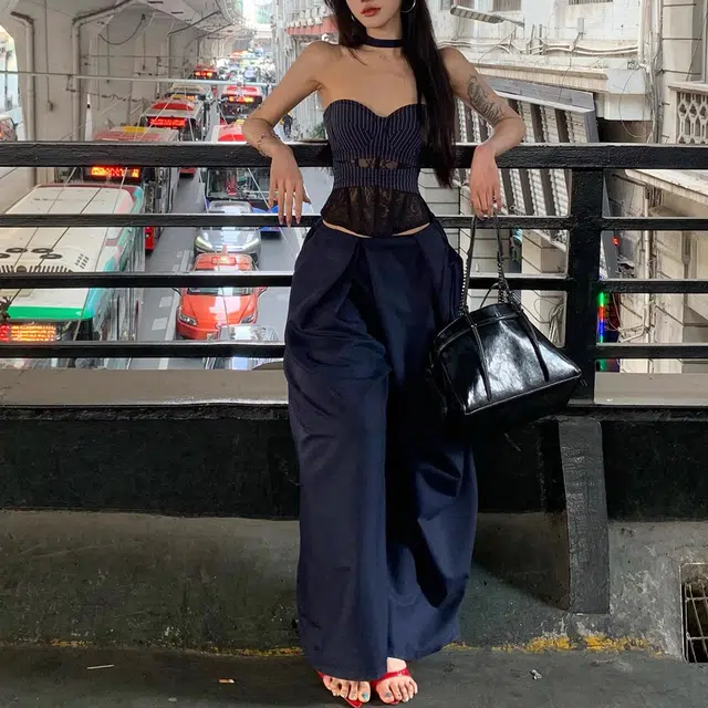 涂诗菲 法式辣妹气质蕾丝背心条纹拼接鱼骨无袖抹胸高腰显瘦长裤阔腿裤休闲套装 女款