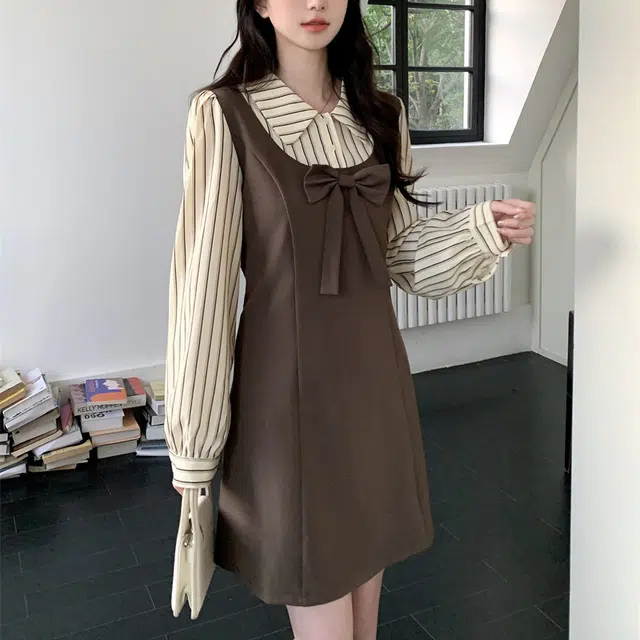 涂诗菲 简约拼色翻领舒适长袖连衣裙 女款 棕色