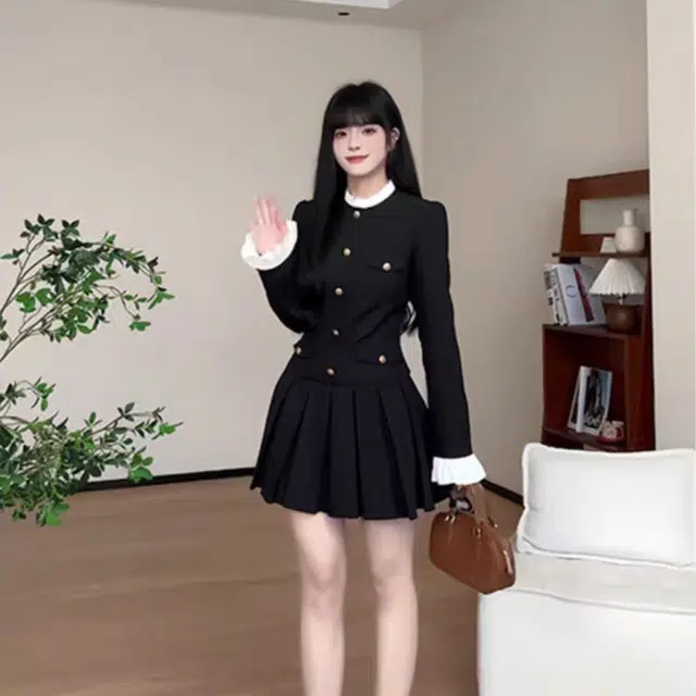 涂诗菲 小个子气质西装高腰短裙长袖连衣裙 女款 黑色