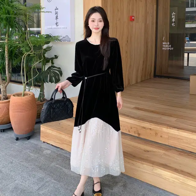 涂诗菲 设计感拼接亮片法式气质收腰长裙长袖连衣裙 女款 黑色