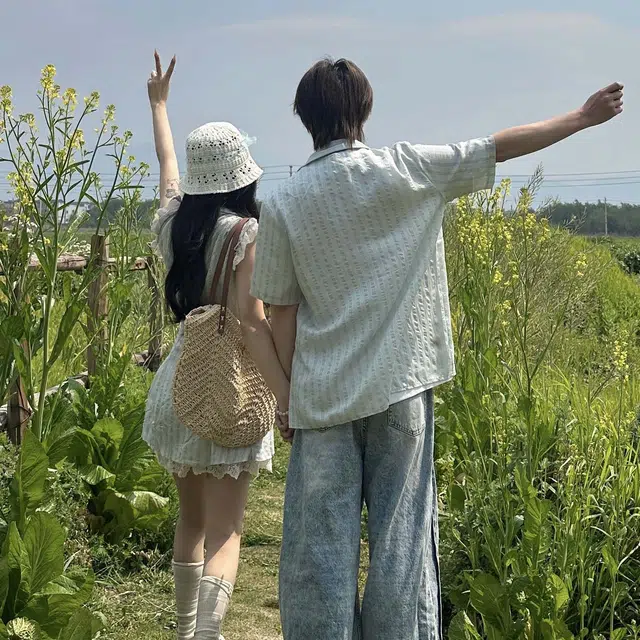 涂诗菲 学院风甜妹蕾丝拼接复古条纹法式无袖连衣裙女宽松上衣衬衫男情侣套装