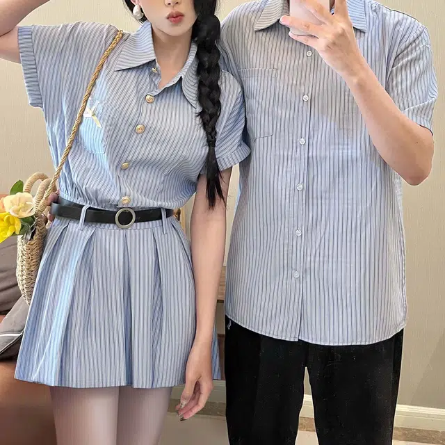 涂诗菲 文艺气质条纹翻领短裙连衣裙女宽松衬衣上衣男短袖情侣套装