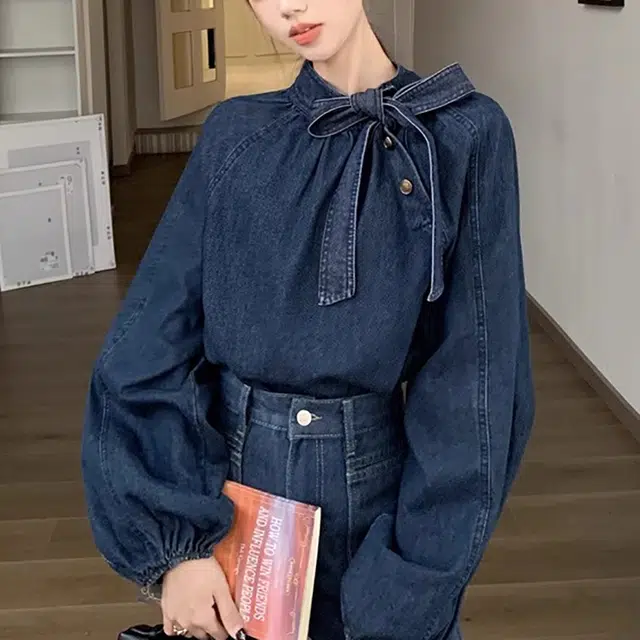涂诗菲 法式复古蝴蝶结系带泡泡袖衬衫减龄宽松立领牛仔上衣 女款