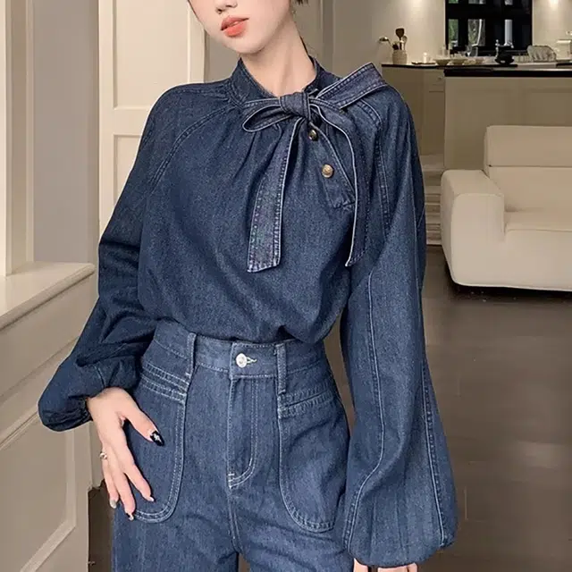 涂诗菲 法式复古蝴蝶结系带泡泡袖衬衫减龄宽松立领牛仔上衣 女款