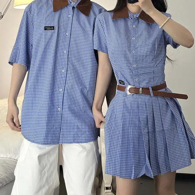 涂诗菲 韩系学院感格子撞色领子休闲连衣裙上衣短袖衬衫一裙一衣情侣套装